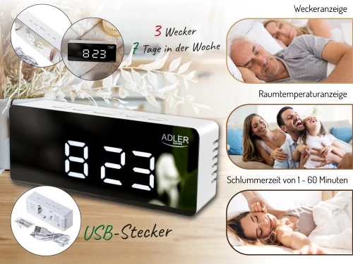 Orë me alarm, Adler AD 1189, ekran LED, shfaqje temperature dhe date, ndriçim i rregullueshëm, USB/3xAAA, e bardhë