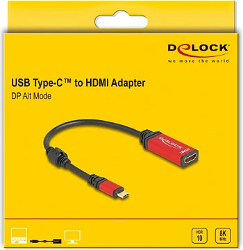 Adapter DeLOCK USB-C në HDMI 8K 60Hz HDR, 0.2m, kuqe/zezë