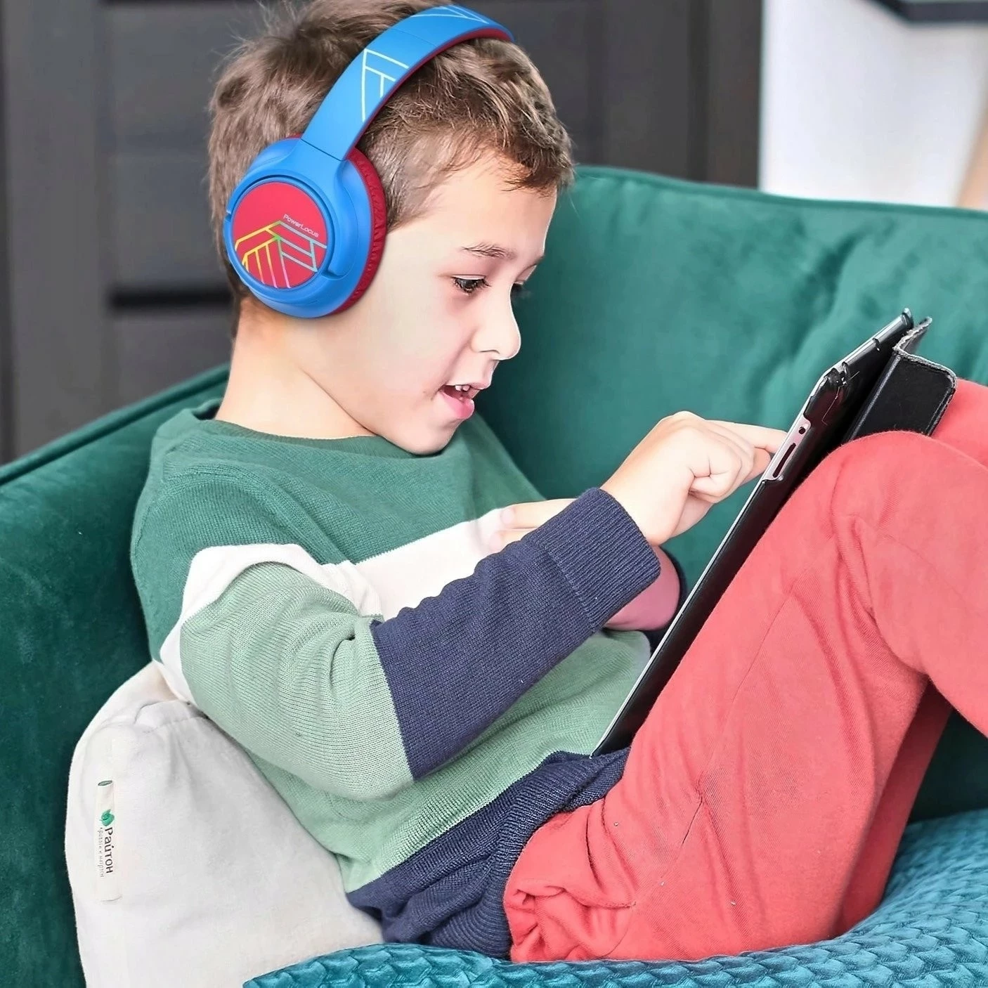 Kufje PowerLocus Bobo Kids, wireless Bluetooth 5.3, LED, AUX/USB-C, kuqe-kaltër
