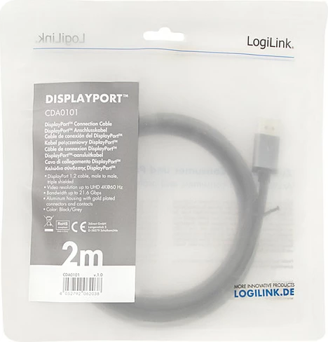 Kabllo DisplayPort LogiLink DP në DP, 2 m, 4K/60Hz, alu, zi/gri