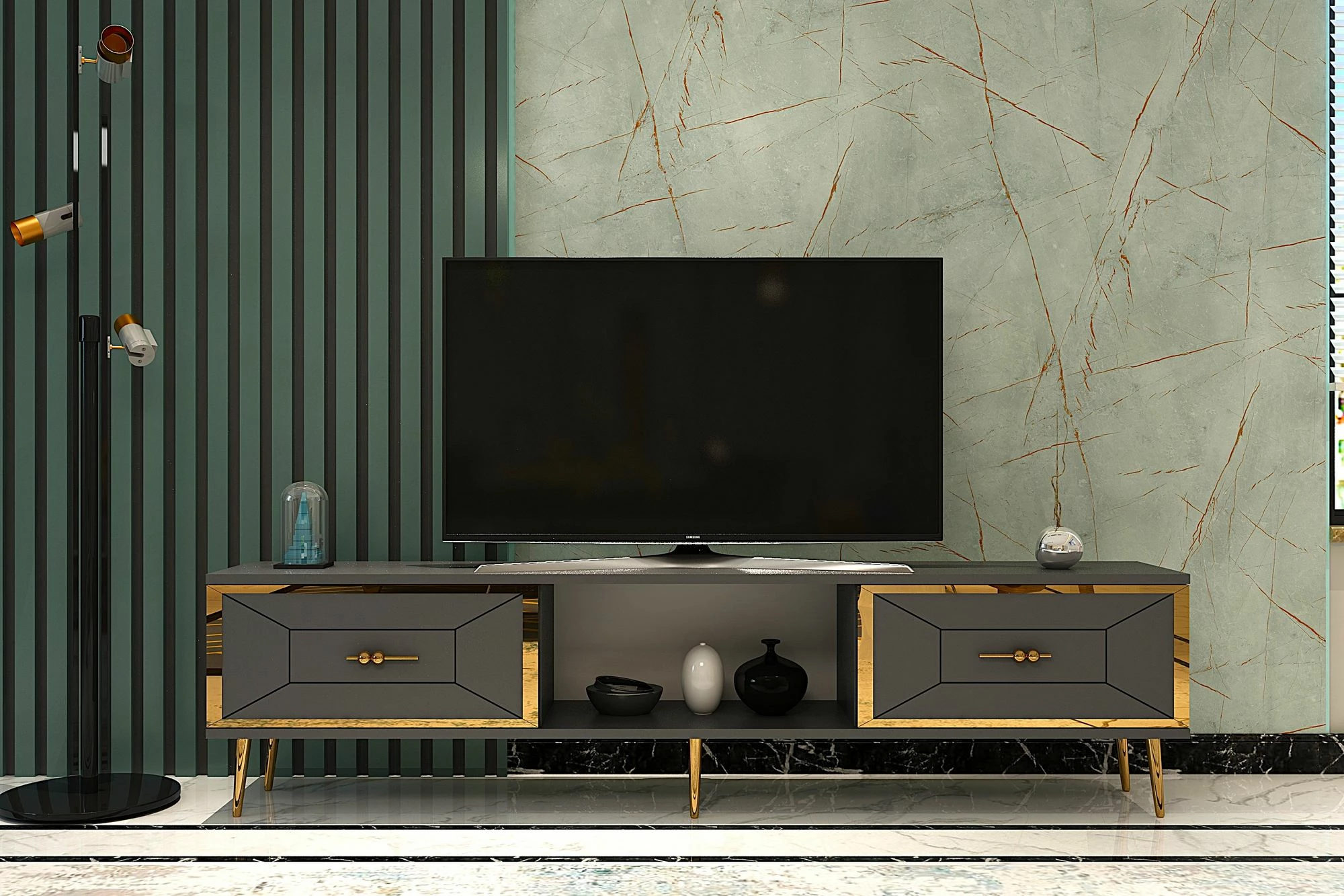 Komodë TV Skye Decor, ngjyrë antracit, ar, 150x40.6x29.6cm