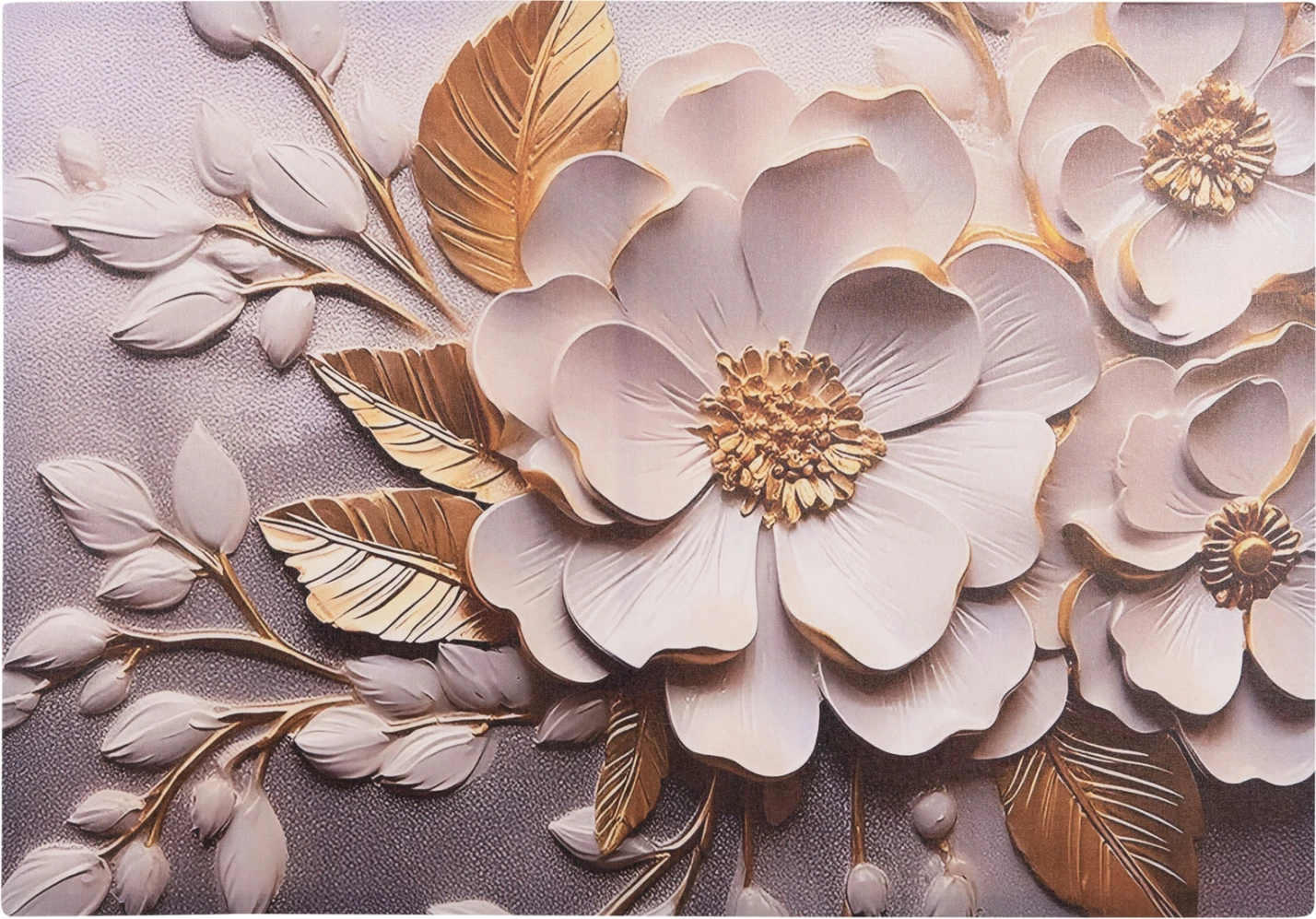 Pikturë muri GOBI, lule të bardha dhe të arta, kanavacë e printuar, 98x2.5x68cm