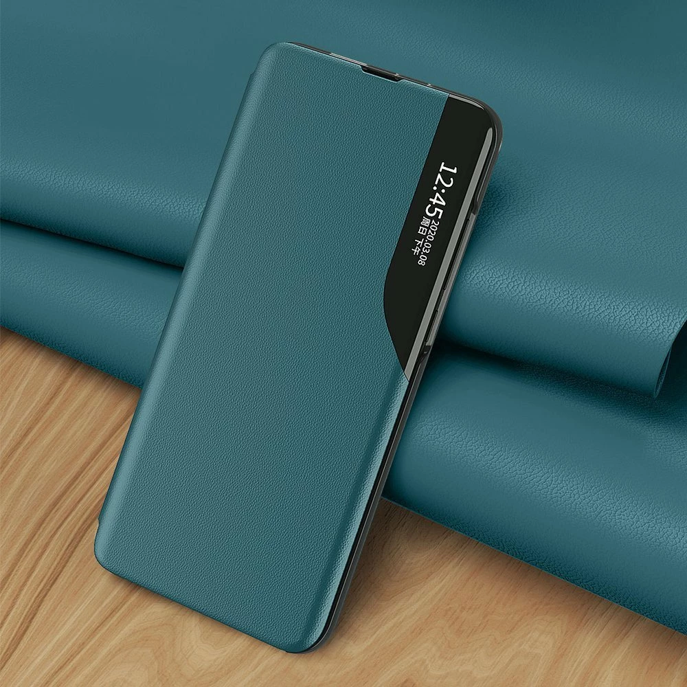 Mbështjellës Hurtel Eco Leather View Case për Samsung Galaxy A72 4G, me kapak dhe mbajtës, e gjelbër