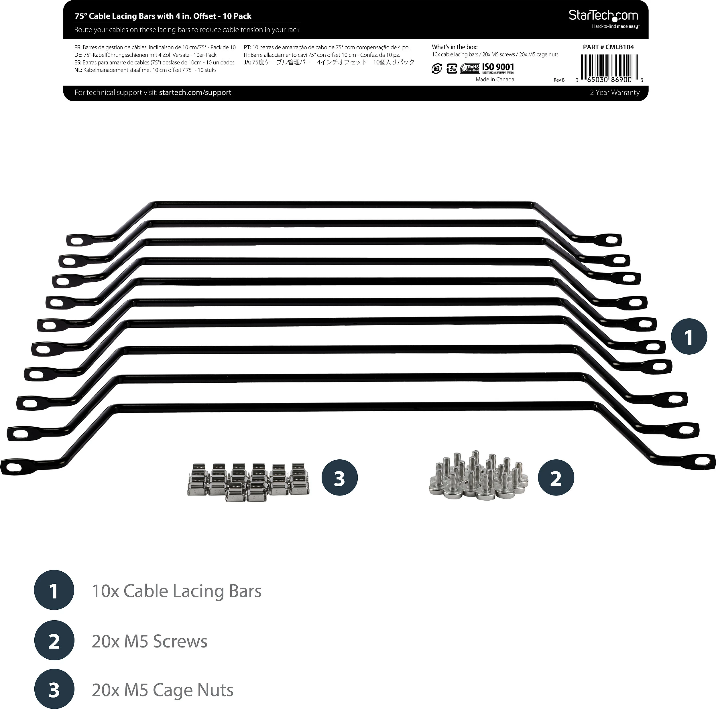 Shufër lidhëse kabllosh për rack StarTech CMLB104, 1U, offset 4", 10 copë, e zezë
