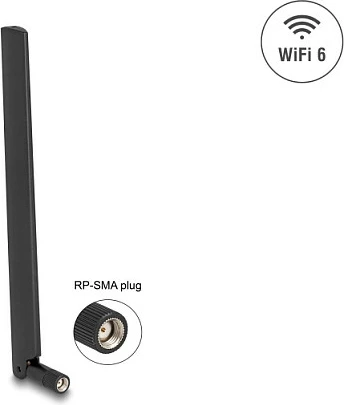 Antenë Wi‑Fi DeLOCK 90677, 6 dBi, Dual‑Band 2.4/5 GHz, RP‑SMA, e zezë