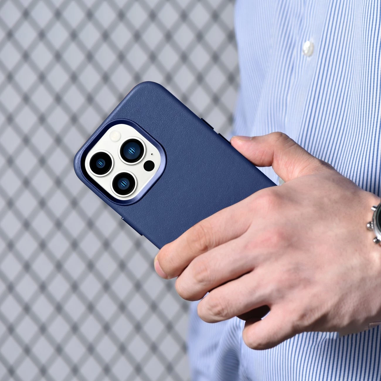 Mbështjellës iCarer për iPhone 14 Pro Max, lëkurë natyrale, MagSafe, kaltër
