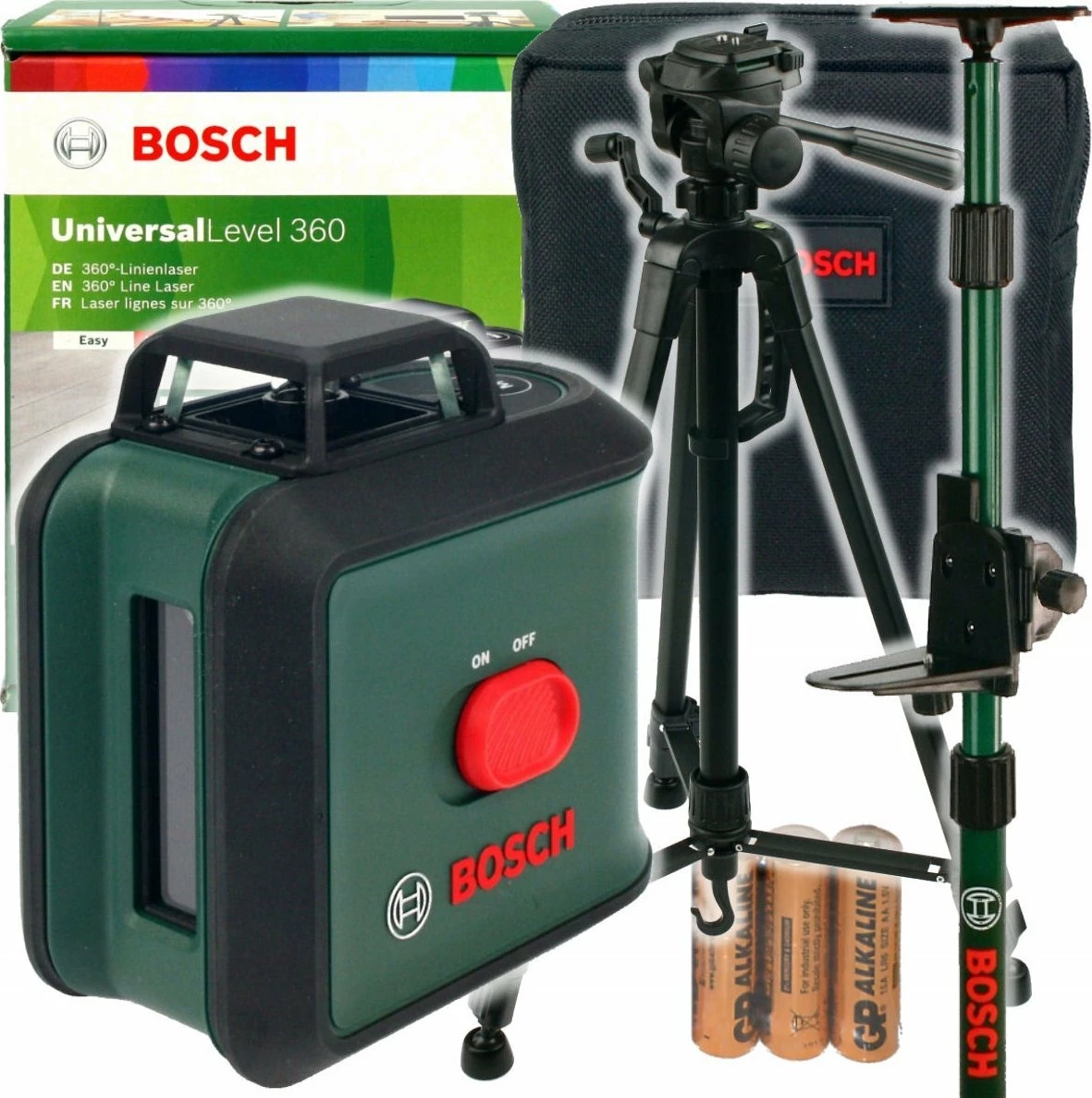 Laser nivelues Bosch UniversalLevel 360, rreze 24 m, set me tripod TT150UNI, gjelbër/zi