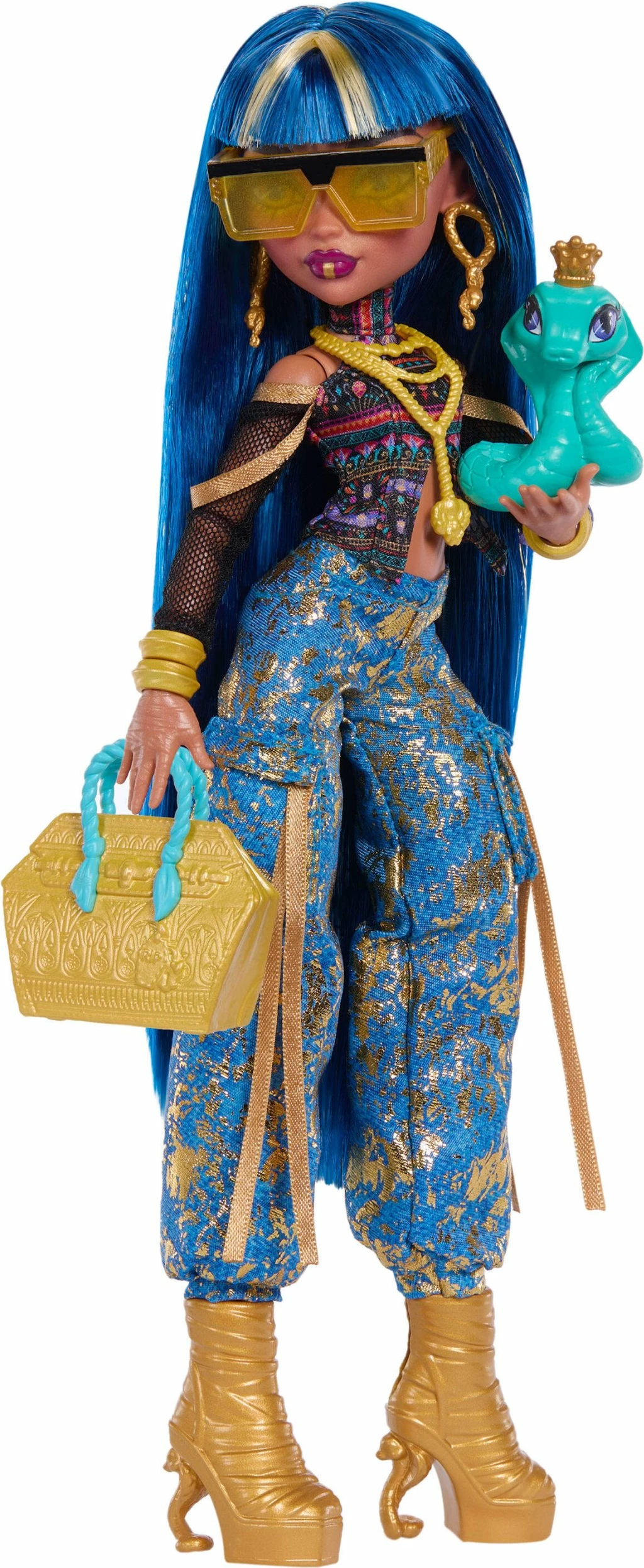 Kukull Mattel Monster High Cleo De Nile JHK32 28 cm, set me 7 aksesorë + gjarpër Hissette, shumëngjyrëshe