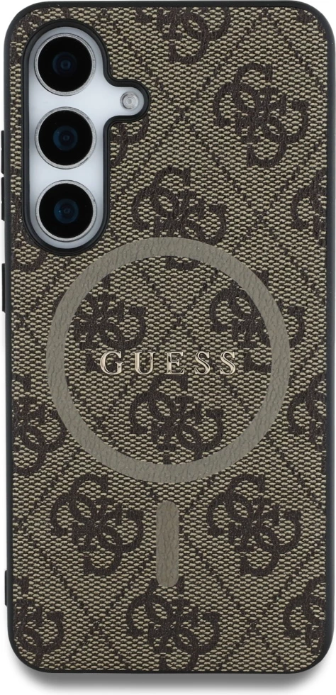 Mbështjellës Guess Leather 4G Colored Ring Classic Logo MagSafe për Samsung Galaxy S25, Kafe
