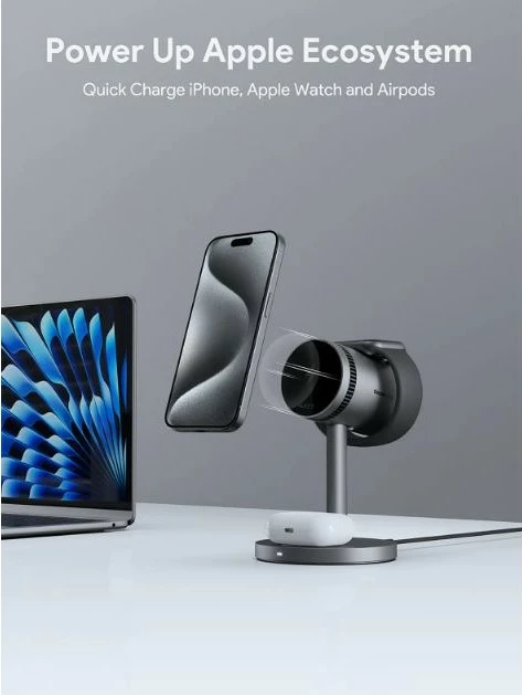 Qëndrim karikues wireless AUKEY MagFusion Pro 3-in-1 MagSafe, me ftohje aktive