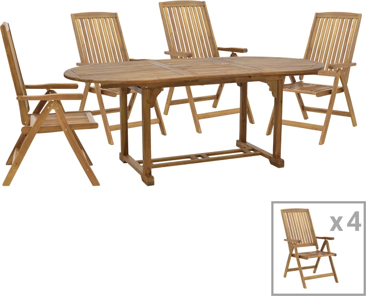 Tavolinë me karrige Zerco-Sopho set prej 5 copash dru akacie natyrale 200/150x100x75cm