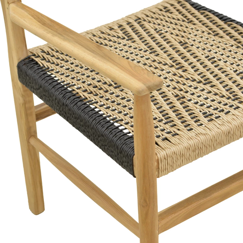 Karrige me krahë Fermilo, skelet druri teak, litar PE, ngjyrë natyrale-e zezë, 55x67x86cm