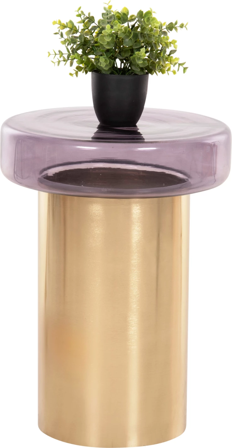 Tavolinë anësore e rrumbullakët, xham ngjyrë vjollcë, bazë metalike e artë, FH9728, Φ39x54H cm
