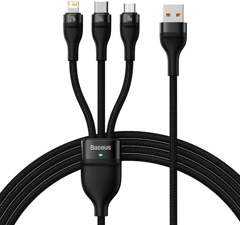 Kabllo Baseus 3w1 Flash II, USB-C + micro USB + Lightning, 66W, 1.2m, e zezë