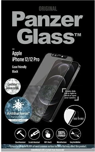 Xham mbrojtës PanzerGlass për iPhone 12/12 Pro, CamSlider me kristal Swarovski, Kornizë e zezë