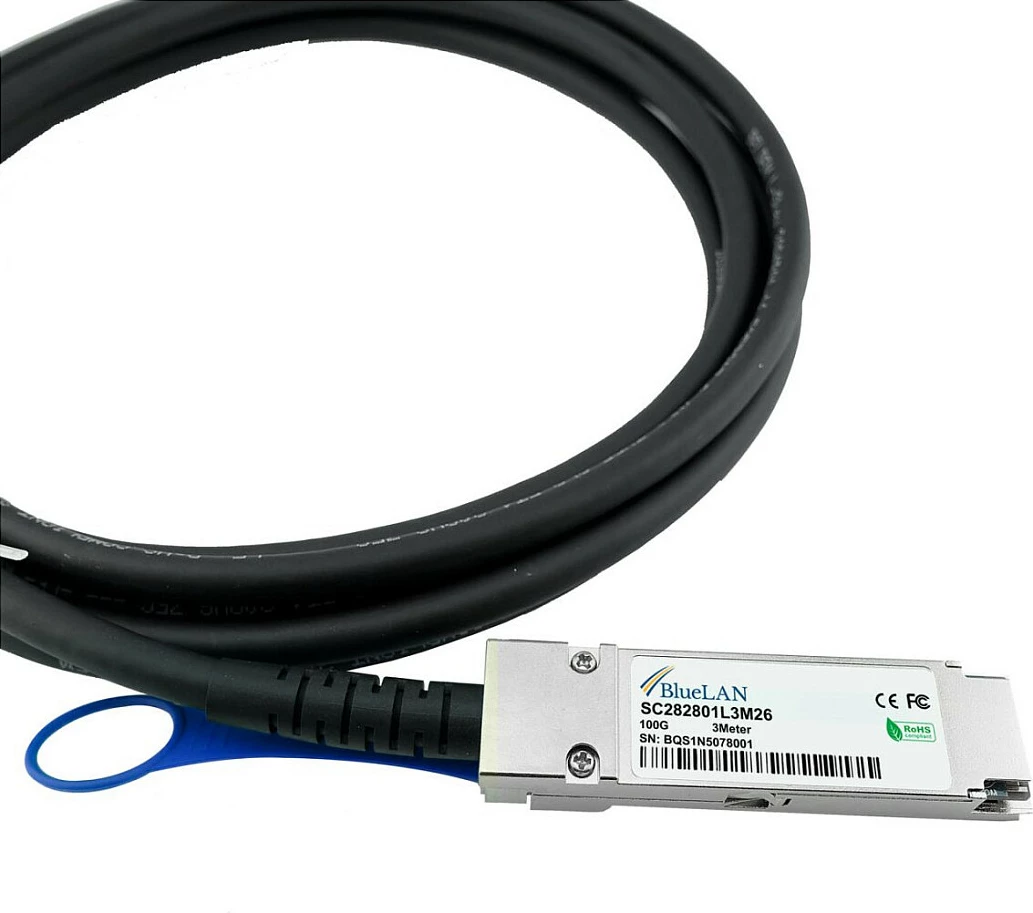 Kabllo DAC BlueOptics DAC-Q28-100G-1M, QSFP28-QSFP28, 100Gb/s, 1m, zezë/argjend