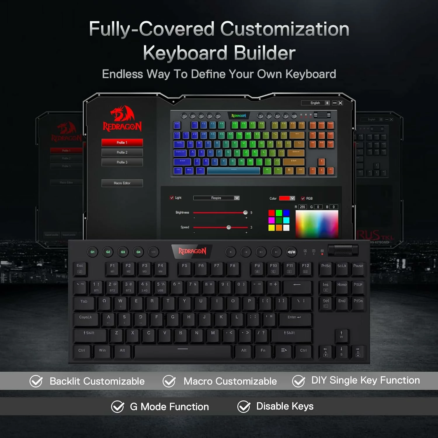 Tipkovnicë mekanike Redragon Horus TKL Pro K621RGB-PRO, tri-mode USB-C/2.4G/BT, Red switch, RGB, low-profile, 87 taste, e zezë