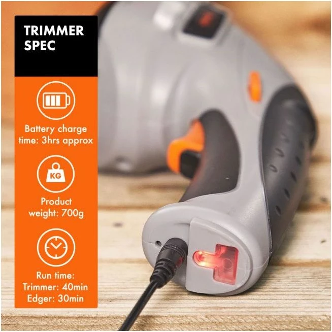 Trimmer pa kabllo 2-në-1 VONHAUS 2500259, 3.6V Li-ion, teh 10 cm + gërshërë bari 7 cm, adaptor UK/EU, gri/zi/portokalli