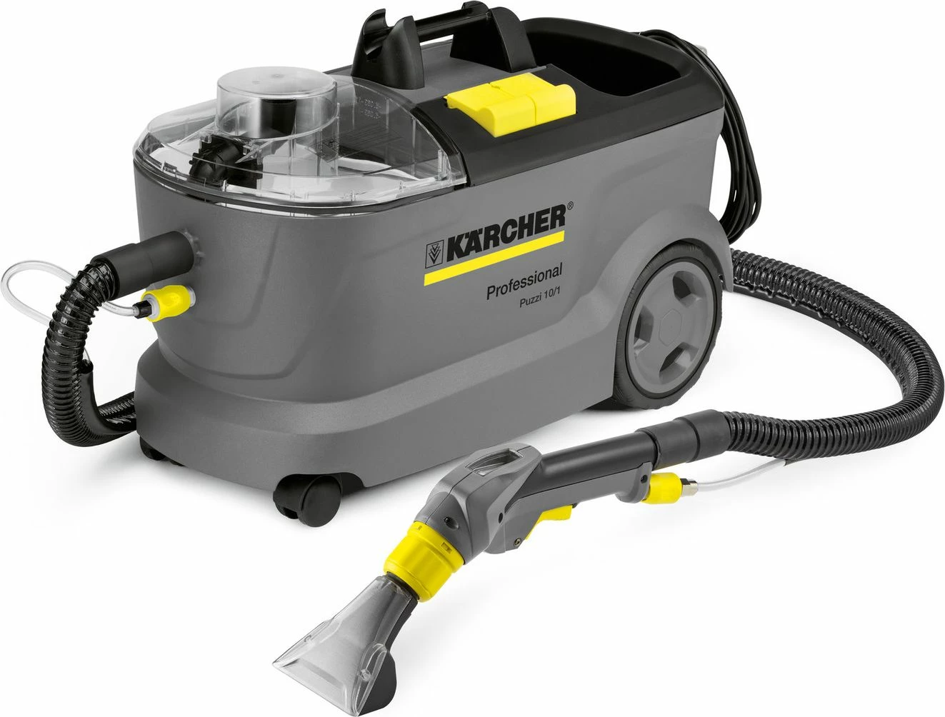 Aspirator industrial me ekstraksion Karcher Puzzi 10/1 (1.100-130.0) 1250 W, rezervuar 9 L, kabllo 7.5 m, set aksesorësh, gri/zi
