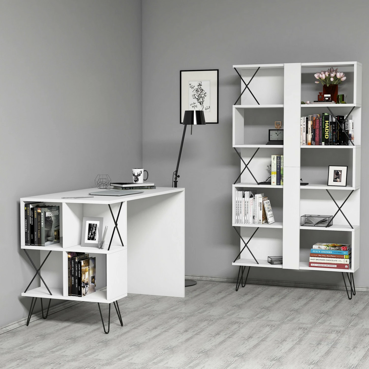 Set tavoline studimi me raft librash Hanah Home, ekstra, e bardhë