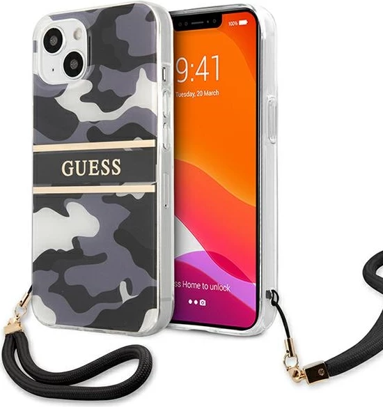 Mbështjellës Guess GUHCP13MKCABBK për iPhone 13, 6.1", Camo, i zi, me varëse