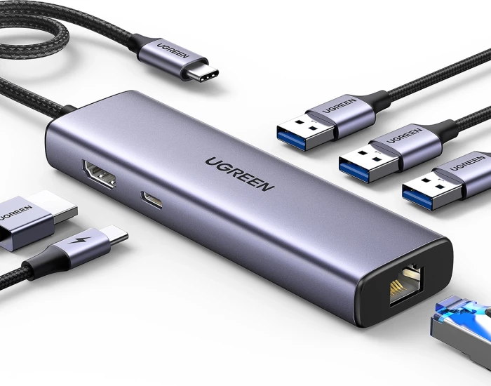 USB-C Hub, UGREEN 15598, 6-në-1, PD 100W, HDMI 4K@30Hz, RJ45 Gigabit, 3x USB-A 3.0, gri