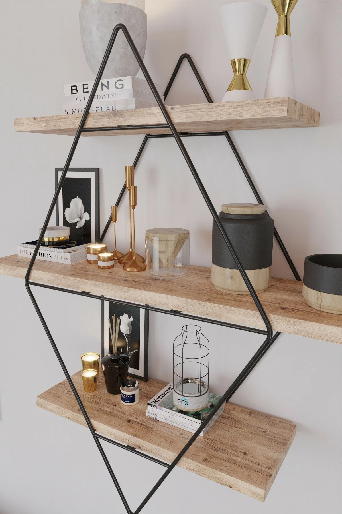 Raft muri dekorativ, ngjyrë ari dhe e zezë, Skye Decor, Prizma Raf, madhësi e madhe, për sallon