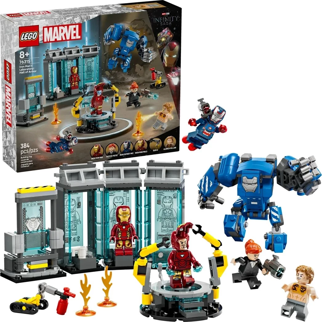 Set lodrash LEGO Marvel 76315 Iron Man’s Laboratory: Hall of Armor, 5 minifigura