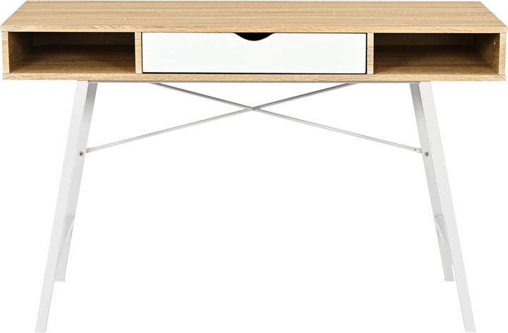 Tavolinë zyre Yamin, ngjyrë lisi me këmbë metalike të bardha, 120x48x76cm