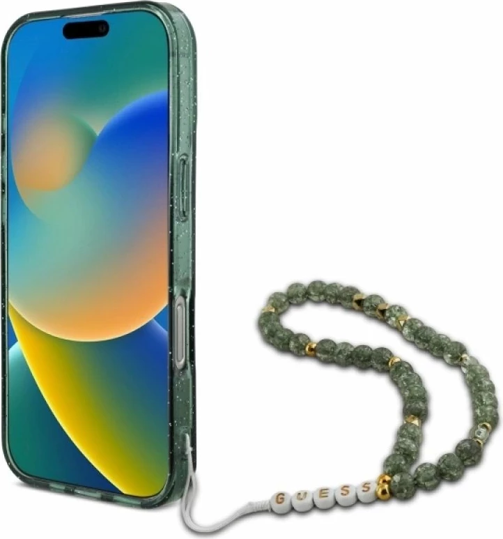 Kapak telefoni Guess IML Glitter me rrip perlash MagSafe për iPhone 16 Pro Max, i gjelbër