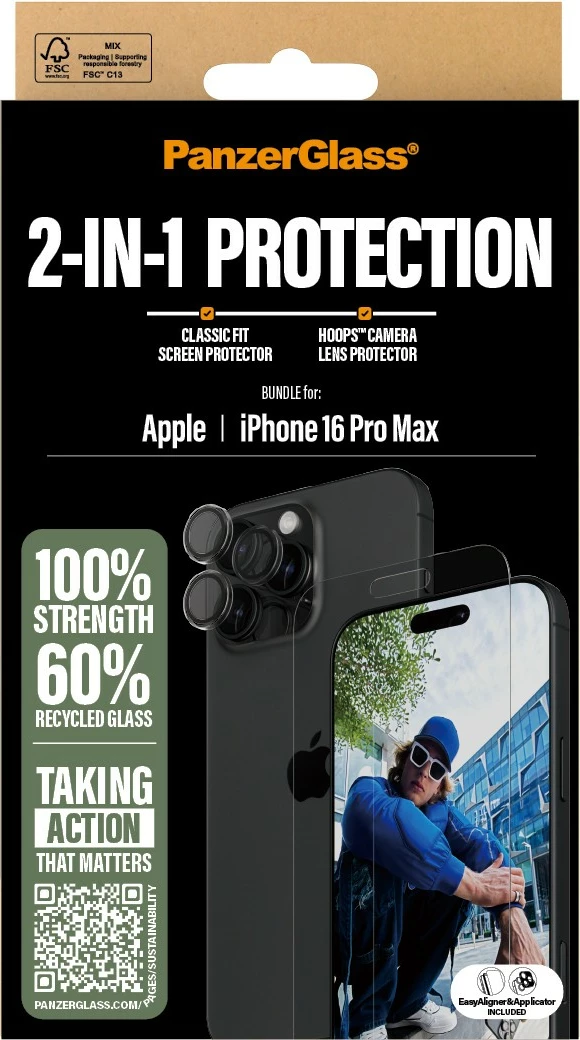 Mbrojtës ekrani PanzerGlass për iPhone 16 Pro Max, set 2-në-1, transparent