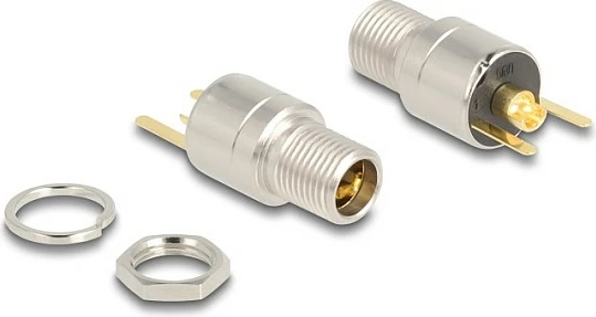 Konektor DC DeLOCK 5.5 x 2.5 mm femër bulkhead për saldim, 20V 15A, i drejtë, argjend