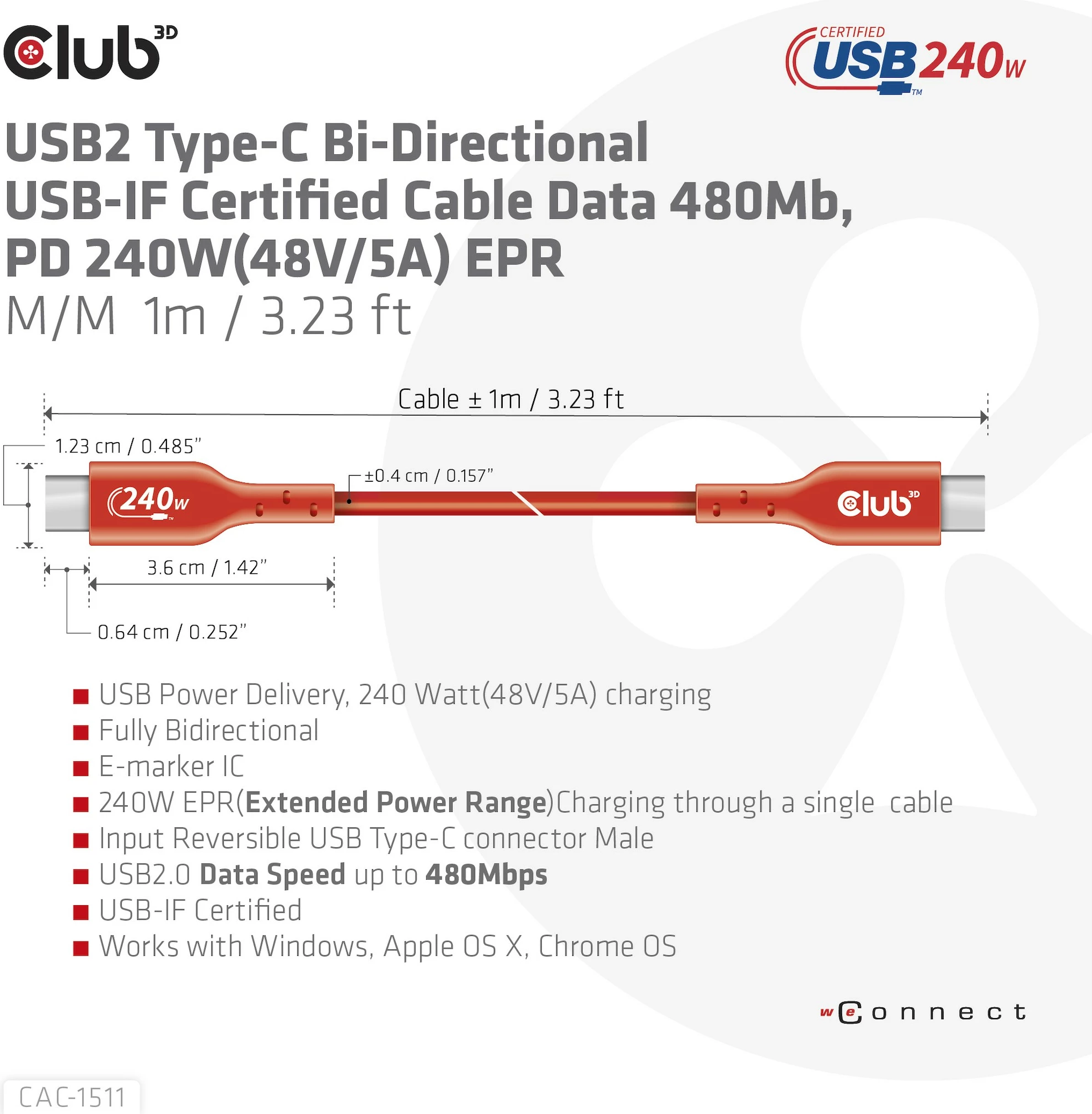Kabllo USB Type-C Club3D 1m, PD 240W, 480Mb/s, e kuqe