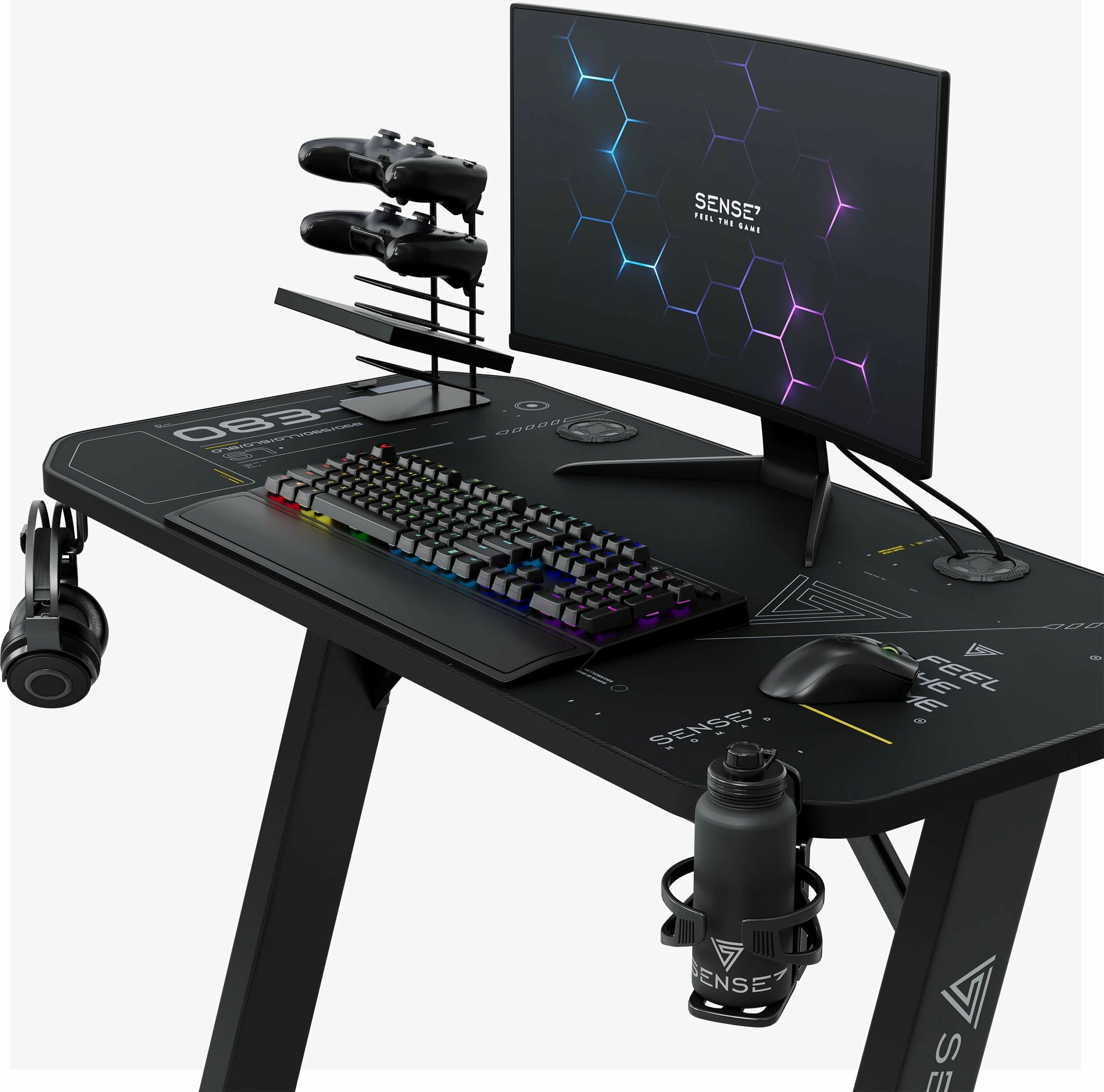 Biurko gaming SENSE7 Nomad Cybernetic 100×50 cm, me mbajtëse kufjesh/filxhani dhe menaxhim kabllosh, e zezë