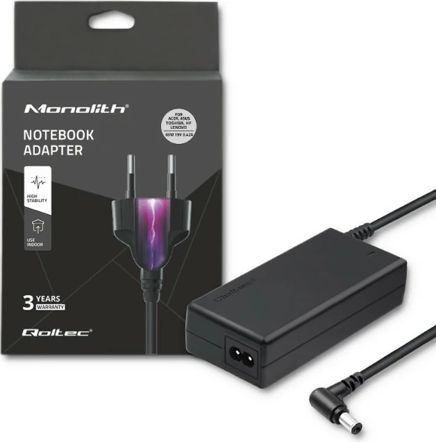 Adapter rryme për laptop Qoltec 50068.65W, 65W, 19V, 3.42A, 5.5x2.5mm, i zi