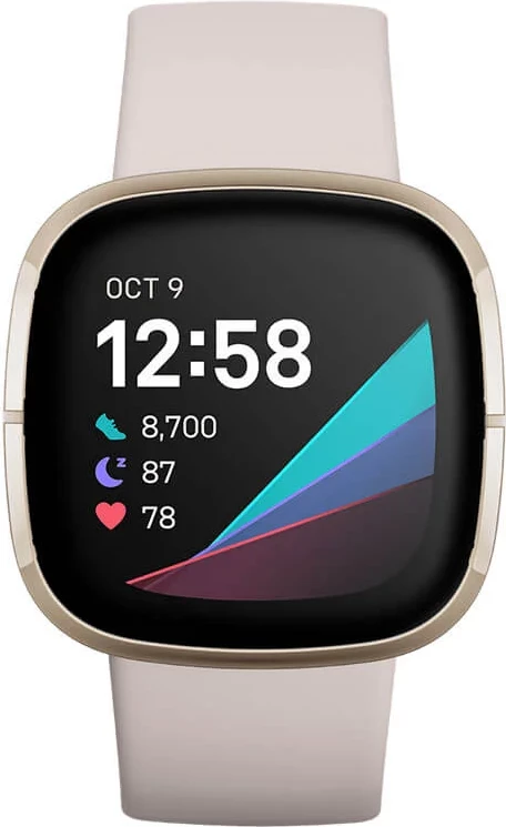 Smartwatch Fitbit Sense FB512GLWT, GPS i integrum, EDA & sensor temperature, rezistent në ujë 50 m, bateri deri 6 ditë, Lunar White/Soft Gold