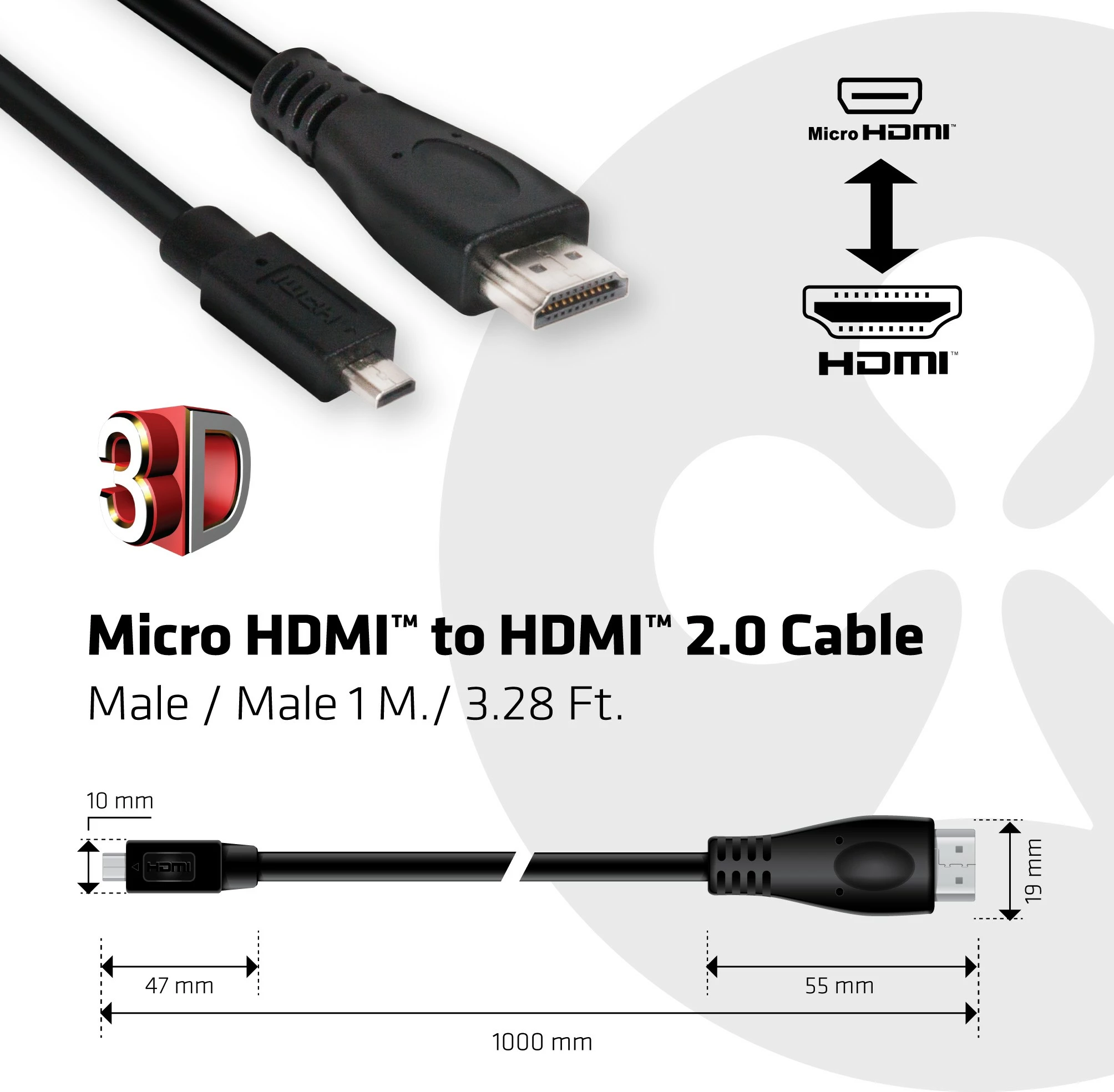 Kabllo HDMI Club3D MicroHDMI në HDMI 2.0, 1m, 4K, e zezë