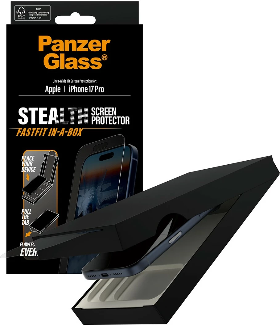 Mbrojtës ekrani PanzerGlass Stealth për iPhone 17 Pro, ultra-wide fit, kornizë e zezë