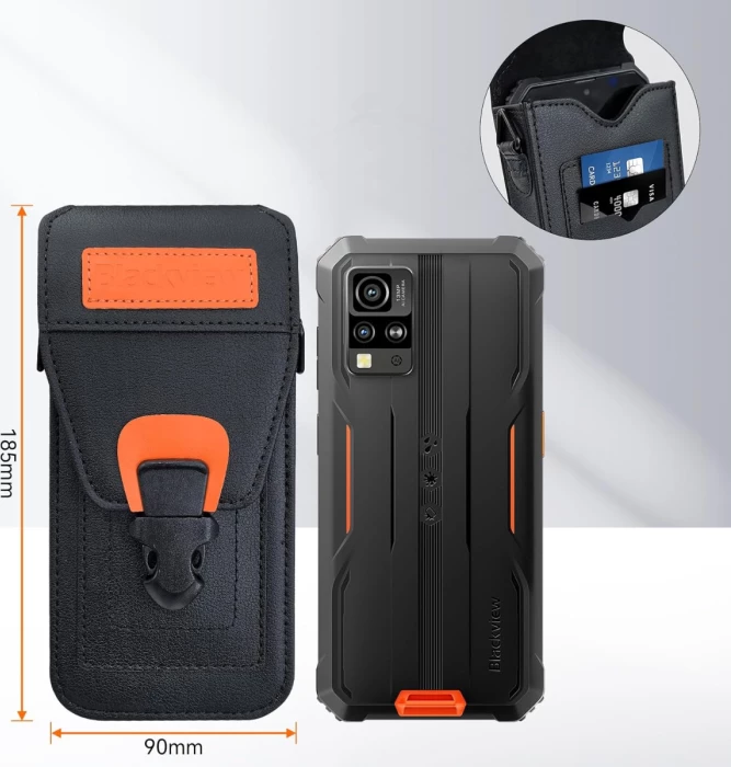 Mbështjellës telefoni BLACKVIEW C01 holster/pouch mbrojtës rezistent ndaj goditjeve, i papërshkueshëm nga uji, deri 185 x 90 x 30 mm, me kordë dhe kapëse, zi/portokalli