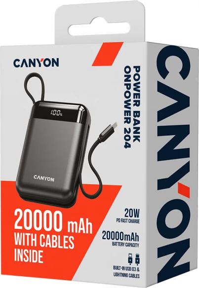 Power bank CANYON OnPower 204 20000 mAh 22.5 W, kabllo e integrume USB-C/Lightning, e zezë