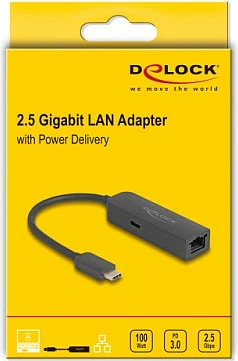 Adapter USB-C në LAN 2.5GbE DeLOCK, Power Delivery 100W, i zi