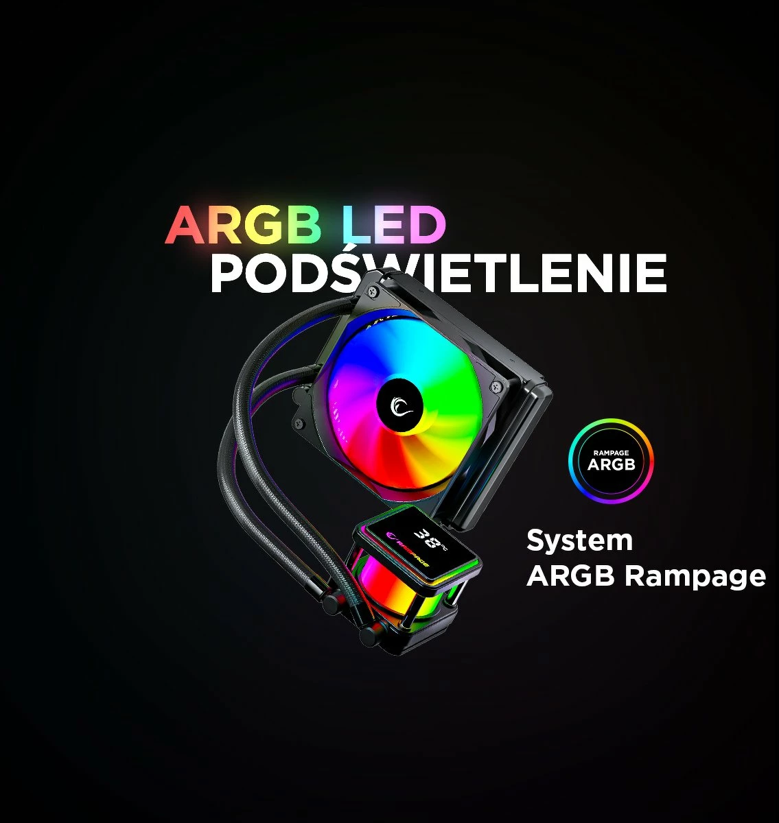 Ftohës uji AIO Rampage INFINITE V120 120 mm ARGB me ekran temperature, i bardhë