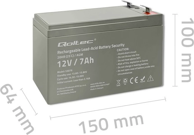 Bateri AGM Qoltec 53076, 12V, 7Ah, Gri