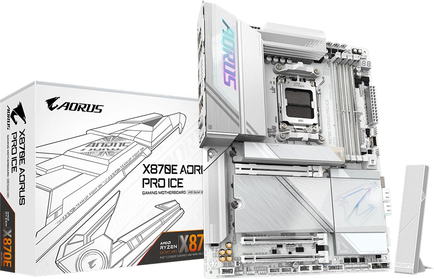 Pllakë amë Gigabyte X870E AORUS PRO ICE, AM5, 4x DDR5, Wi‑Fi 7, ATX, e bardhë