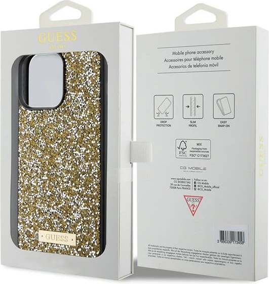 Mbështjellës Guess Rhinestone Metal Logo për iPhone 15 Pro, e verdhë
