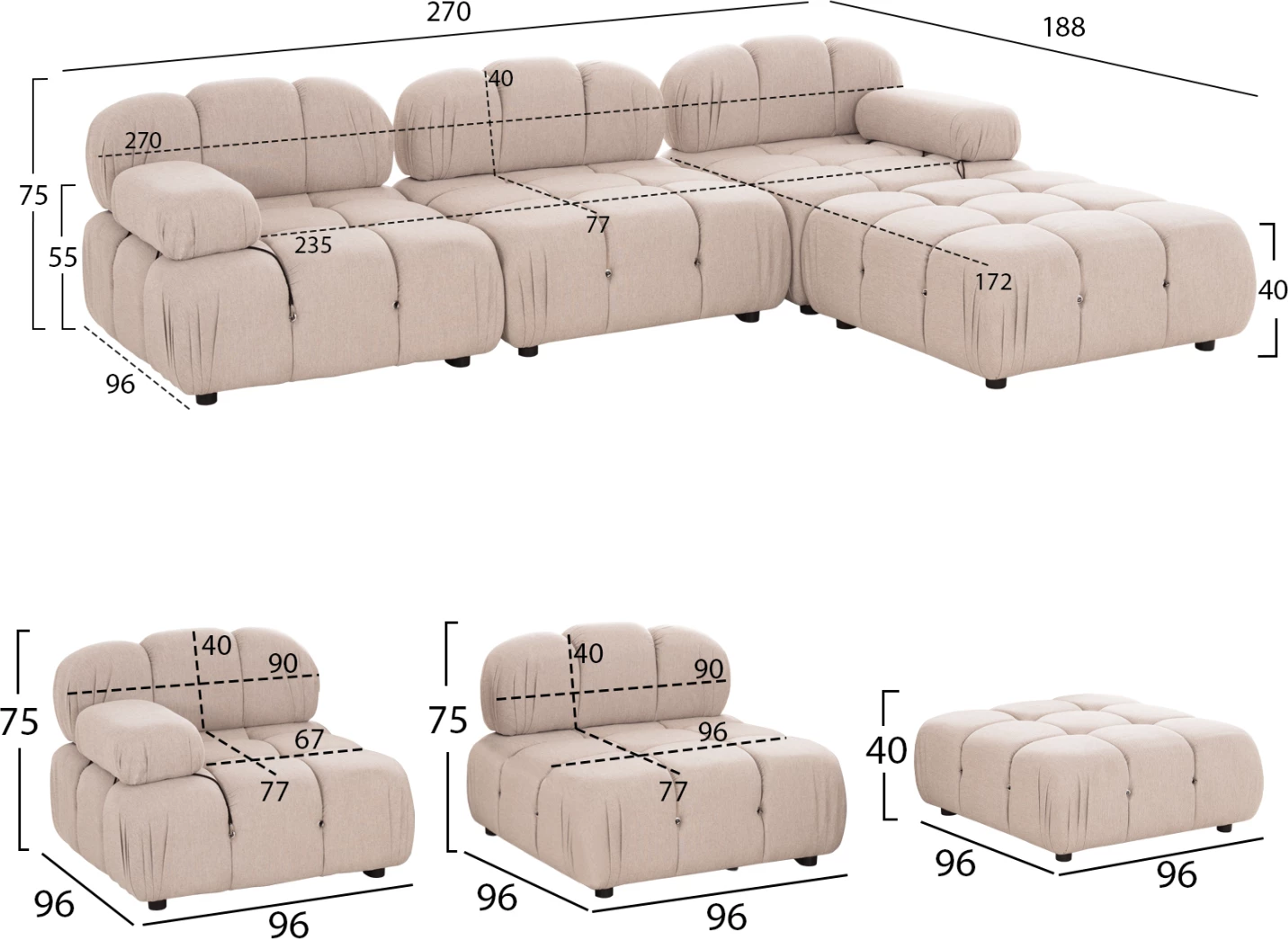 Divan polimorfik SHIFTER, material tekstil, bezhë e çelët, 290x196x76cm, 4 pjesë