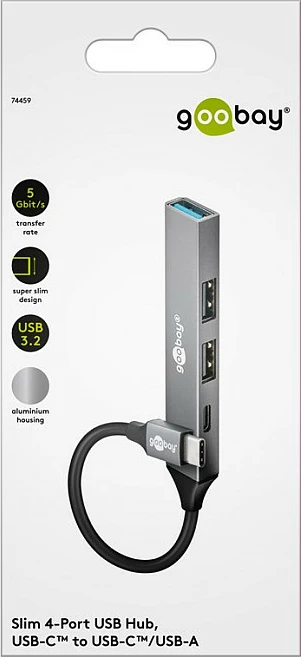 USB hub Goobay Slim, 4 porta, USB-C në USB-C/USB-A, 5 Gbit/s, gri