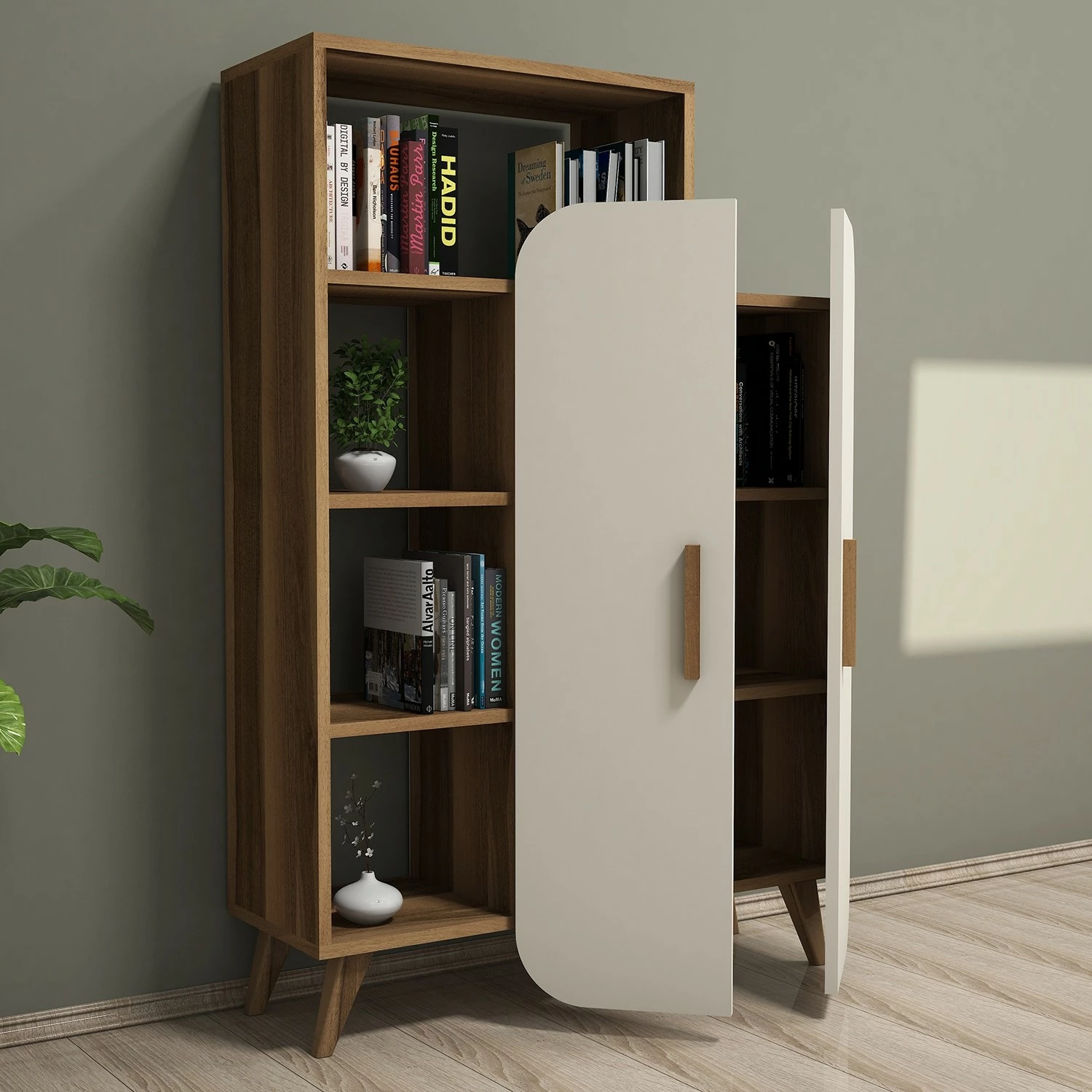Raft librash Hanah Home, formë moderne, ngjyrë arrë dhe krem