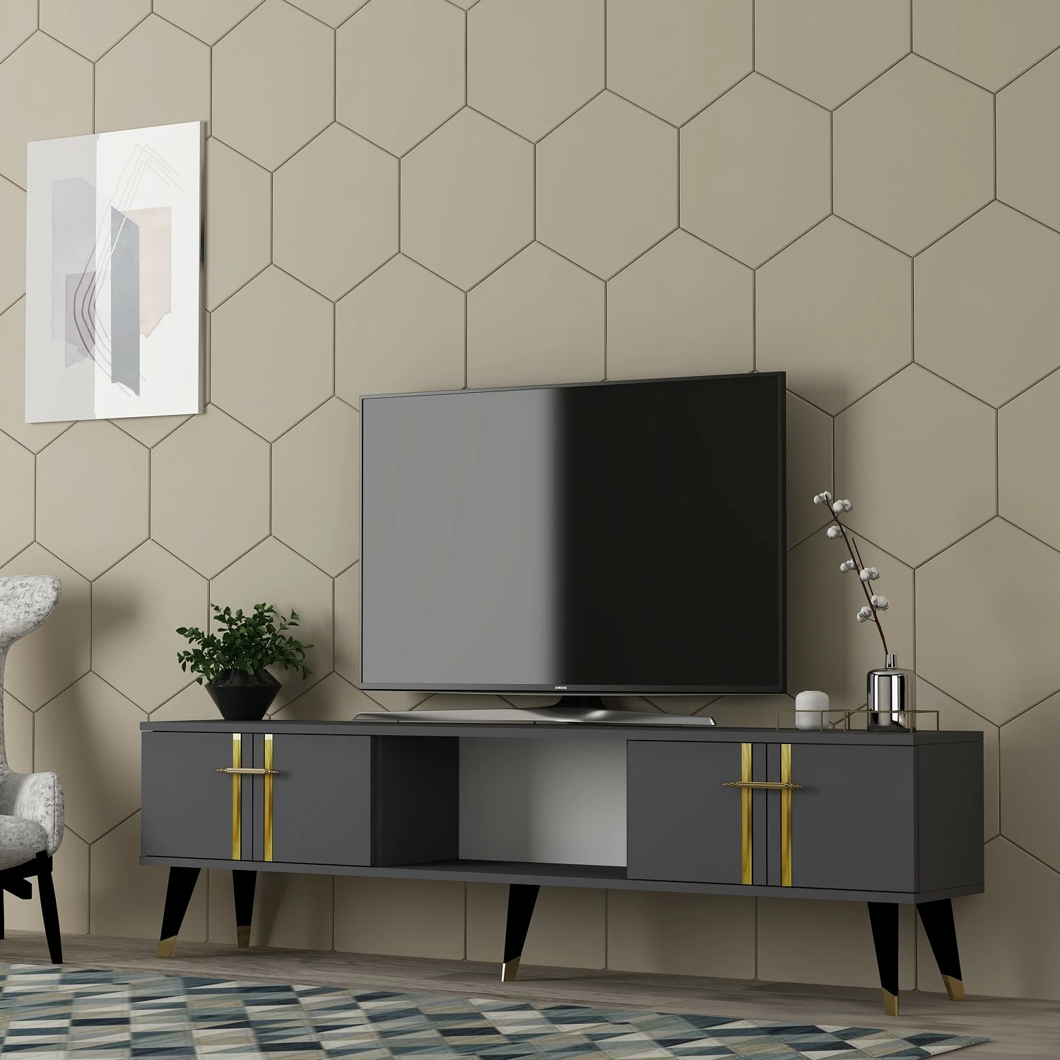 Komodë TV Skye Decor, anthracite, gold, Asel