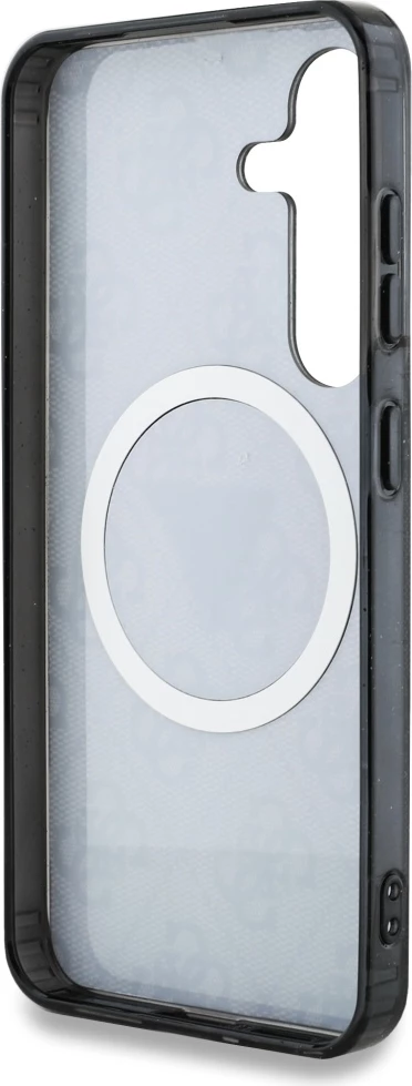 Mbështjellës Guess 4G Glitter Triangle Buttons MagSafe për Samsung Galaxy S25, i zi